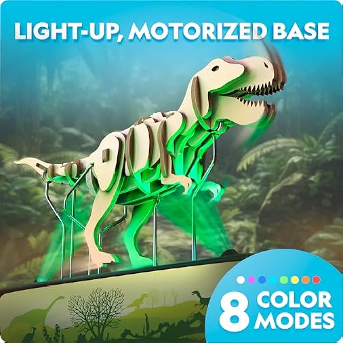 NATIONAL GEOGRAPHIC MOTORIZED T.REX 3D PUZZLE- 50+ PIECE 3D WOOD MODEL KIT WITH LIGHT-UP MOTORIZED DISPLAY BASE WITH 8 LIGHT SETTINGS, 3D PUZZLES FOR KIDS, WOODEN ANIMAL PUZZLE, T.REX TOY - Image 2